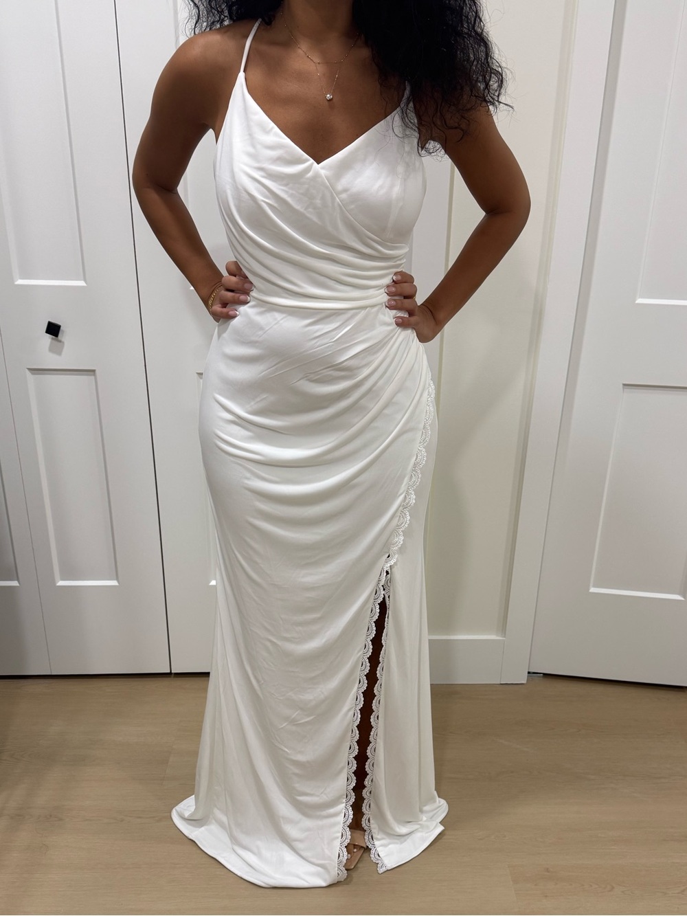 White Draped Spaghetti-Strap Maxi Dress with Side Lace Slit